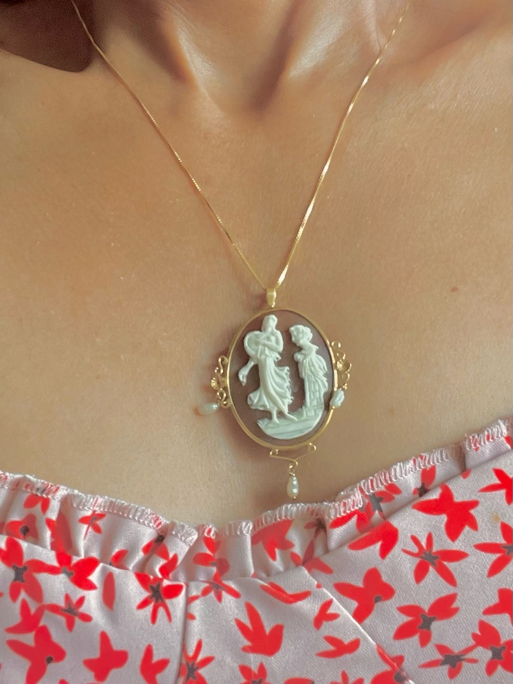 Gold Cameo Pendant Necklace with White Relief